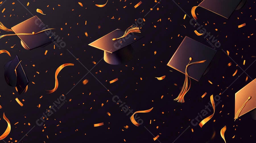 Capelos de formatura dourados caindo em celebração noturna
