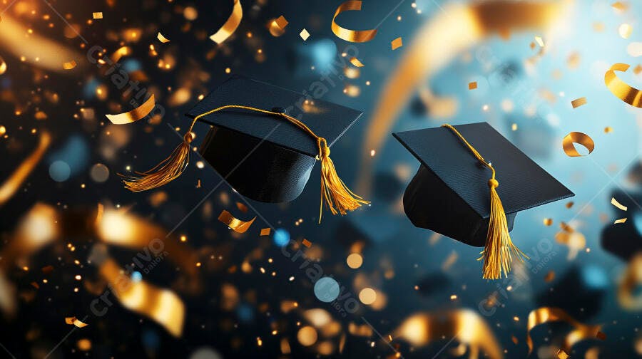 Capelos de formatura flutuando com confetes dourados em celebração