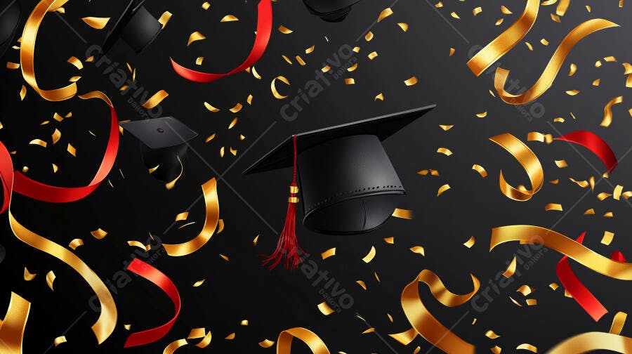 Capelo de formatura flutuando com confetes dourados e fitas vermelhas em celebração