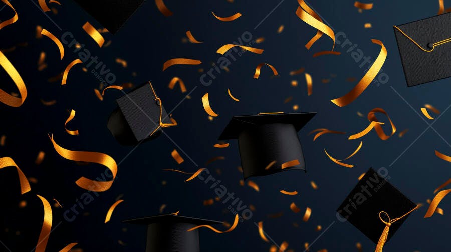 Chapéus de formatura e confetes dourados flutuando em celebração