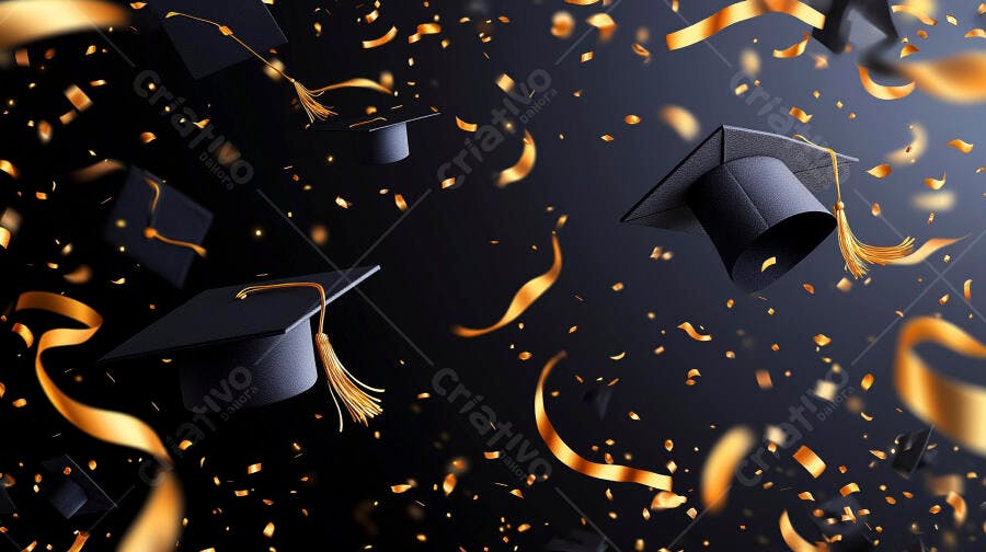 Capelos pretos e dourados flutuando com confetes brilhantes em festa de formatura