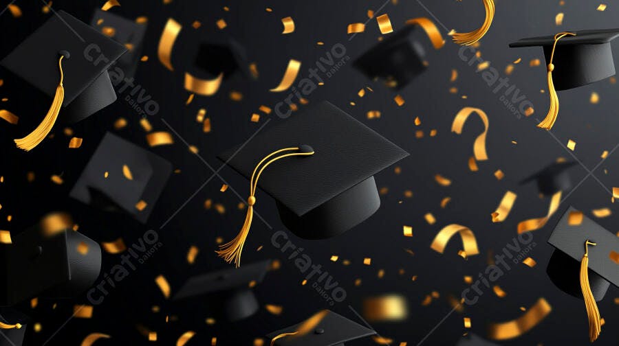 Capelos de formatura pretos e confetes dourados caindo em celebração