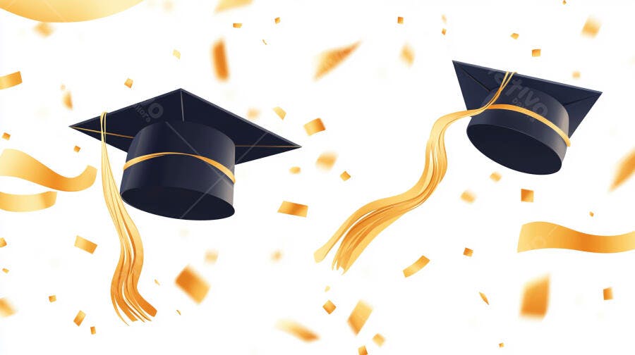 Capelos de formatura pretos com borlas douradas e confetes flutuando em celebração