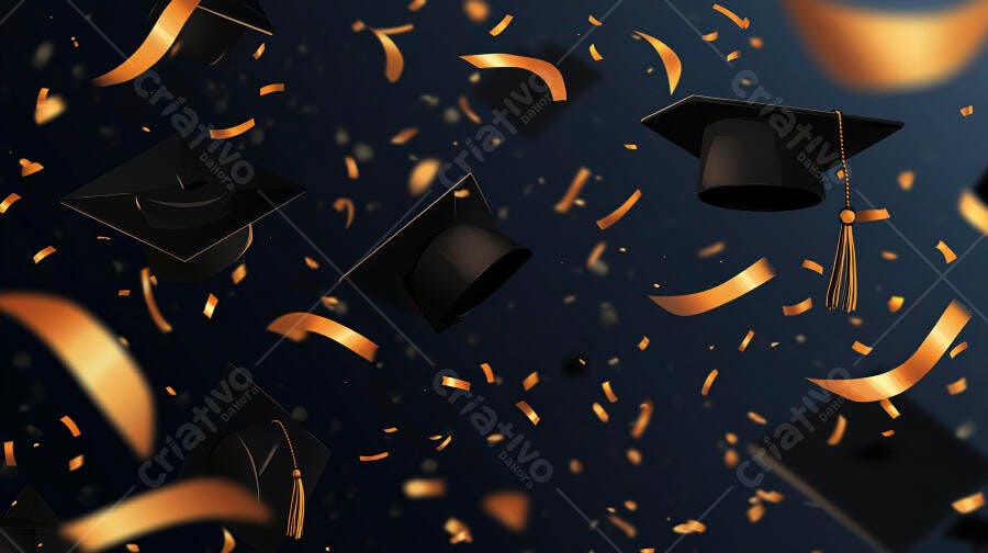 Chapéus de formatura pretos e confetes dourados em celebração