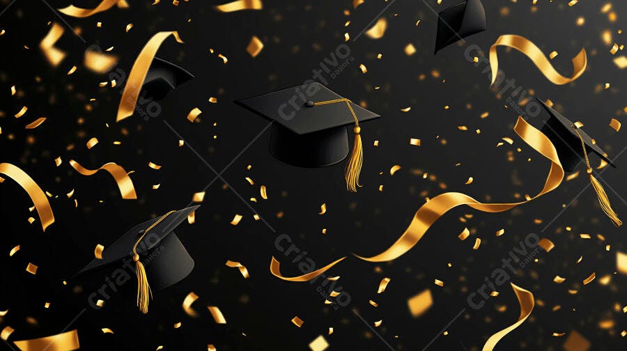 Capelos de formatura flutuando com confetes e fitas douradas em celebração