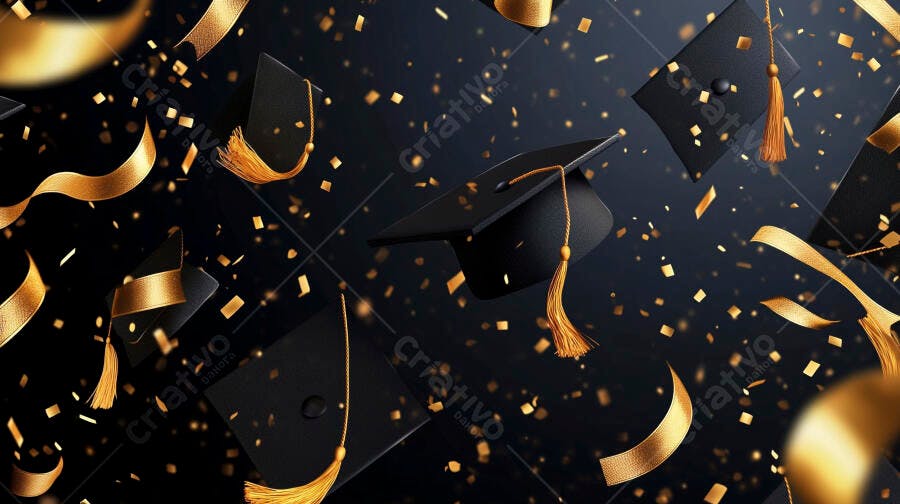 Capelos de formatura pretos com confetes e fitas douradas em celebração