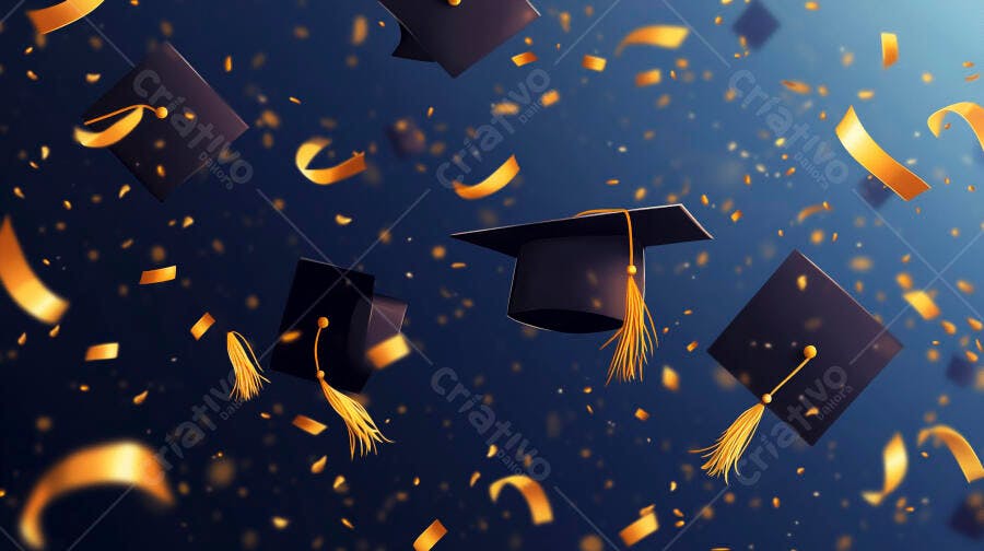 Capelos de formatura pretos e confetes dourados celebrando a graduação