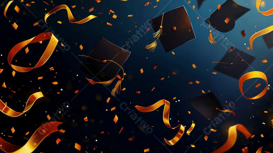 Capelos de formatura flutuando com confetes dourados em celebração