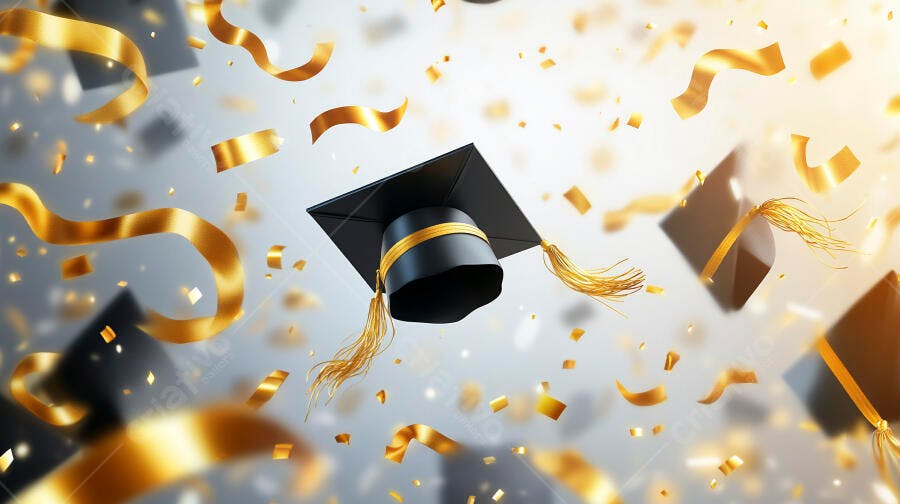 Capelos de formatura pretos e dourados caindo com confetes festivos