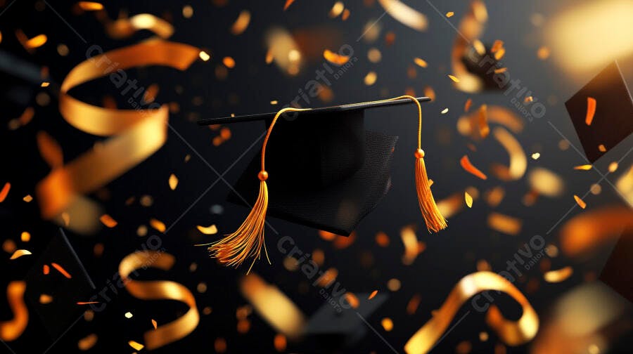 Capelo de formatura preto borla dourada flutuando com confetes e fitas douradas