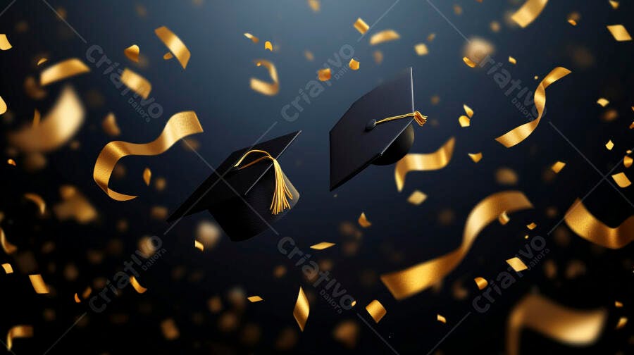 Dois capelos de formatura pretos com borlas douradas e confetes flutuando