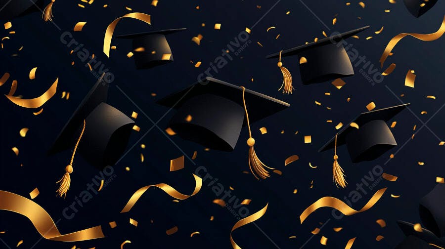 Chapéus de formatura pretos e confetes dourados em celebração de graduação