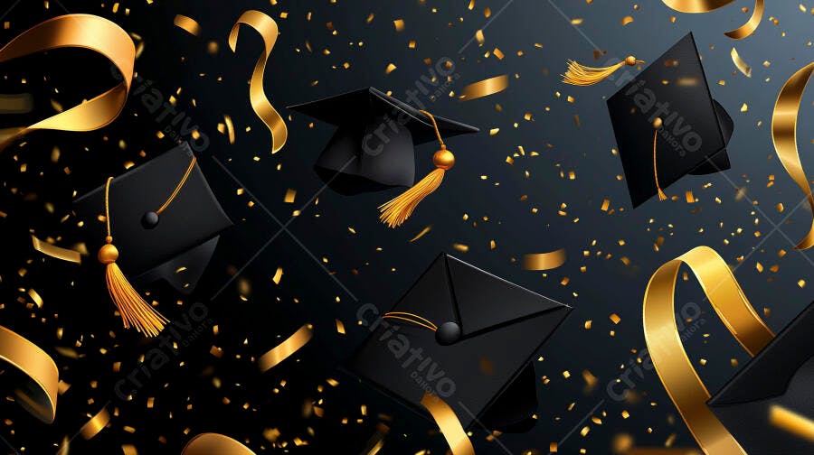 Capelos de formatura pretos e confetes dourados voando em celebração