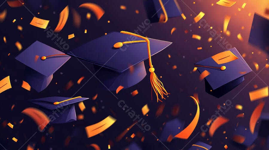 Capelos de formatura azuis e dourados flutuando com confetes em celebração