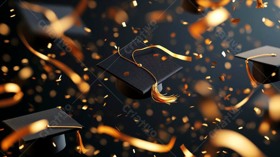 Capelo de formatura preto com borla dourada e confetes brilhantes celebrando o sucesso
