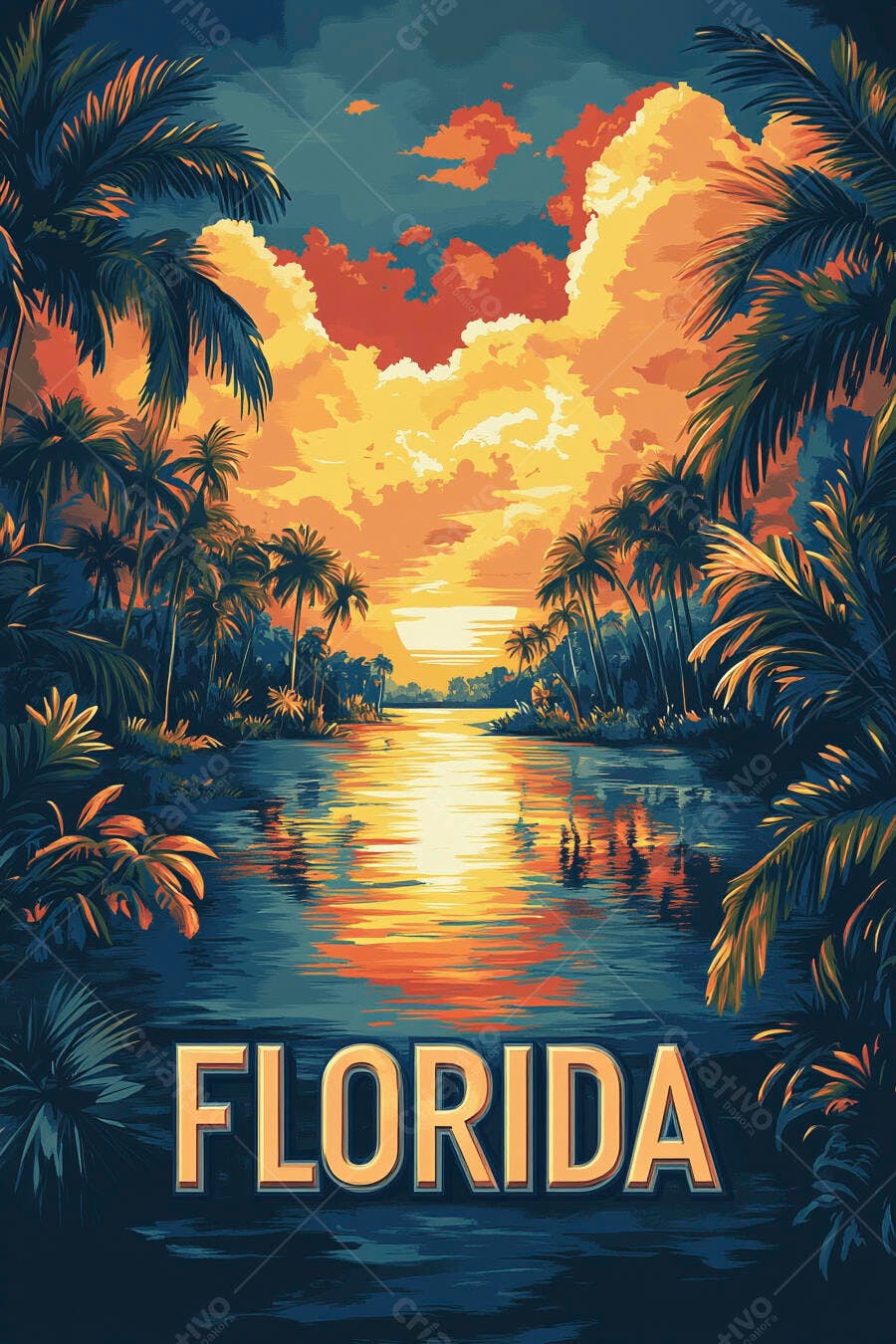 Flórida pôr do sol tropical com palmeiras e reflexos no rio estilo vintage