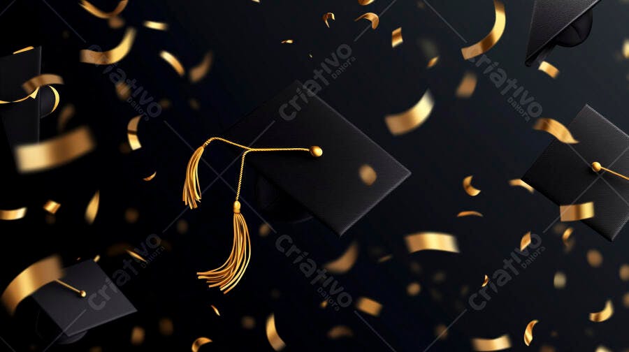 Chapéus de formatura pretos com confetes dourados caindo celebração