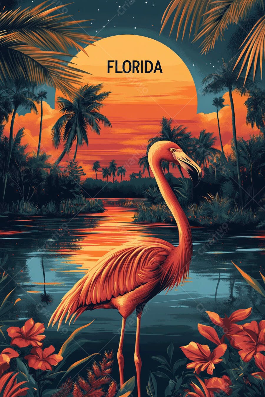Flamingo rosa em paisagem tropical da Flórida ao pôr do sol vibrante