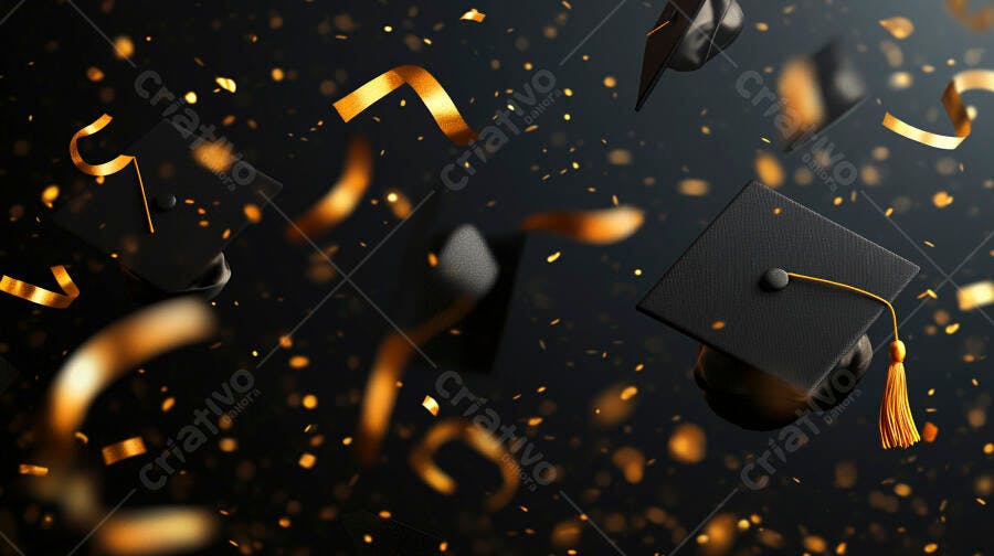 Capelos de formatura voando com confetes dourados celebração