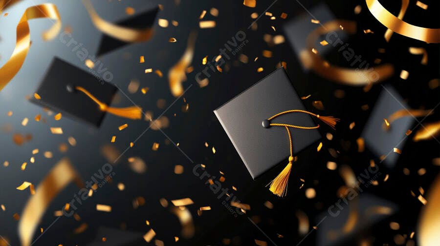 Gorros de formatura pretos e confetes dourados celebrando sucesso acadêmico
