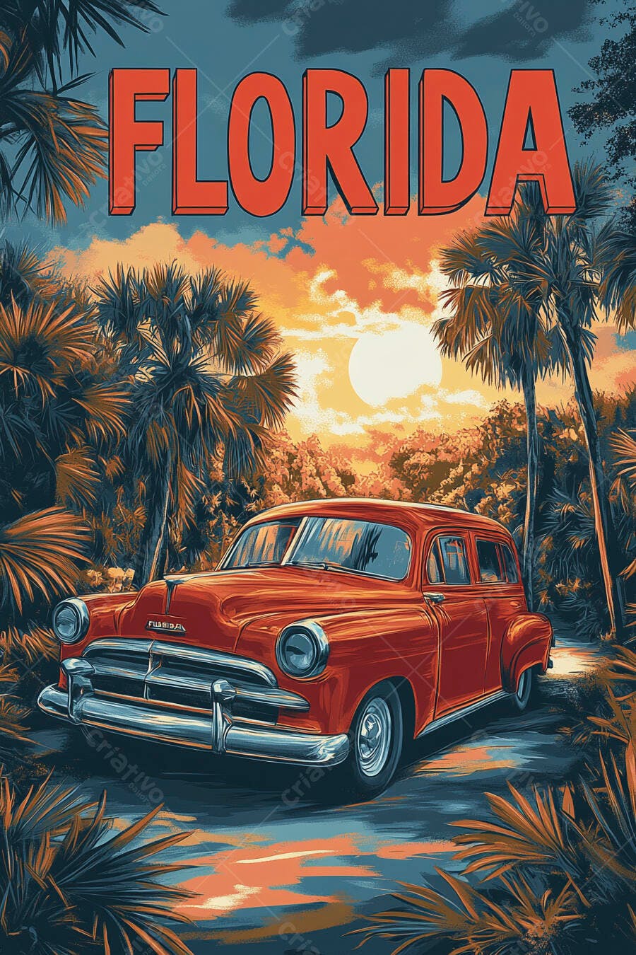 Carro vintage vermelho na Florida ao pôr do sol com palmeiras