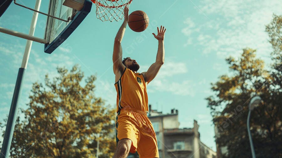 Homem barbudo jogador de basquete arremessando cesta ao ar livre