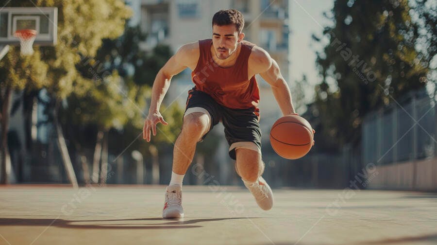 Homem atlético de camiseta vermelha driblando basquete em quadra ensolarada ao ar livre