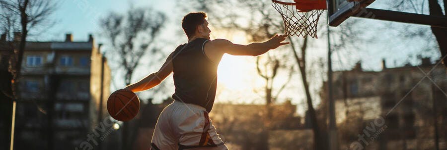 Jogador de basquete arremessando bola na quadra urbana ao pôr do sol