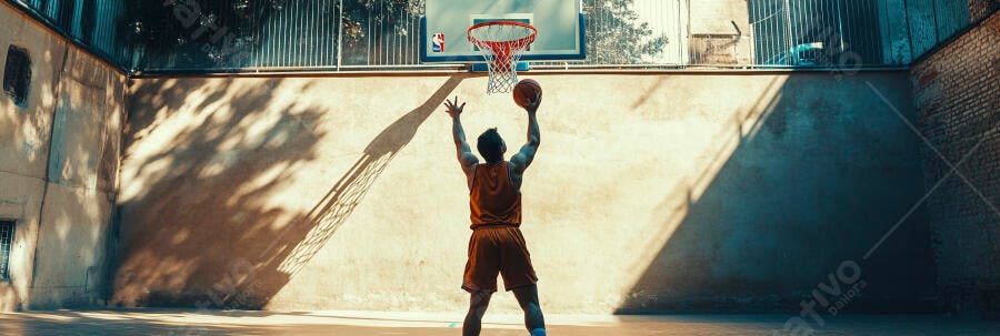 Homem atleta jogando basquete em quadra ensolarada com uniforme laranja