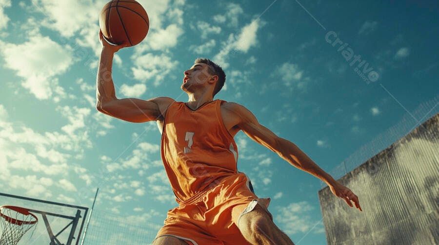 Jogador de basquete loiro em camisa laranja pulando com bola sob céu azul claro