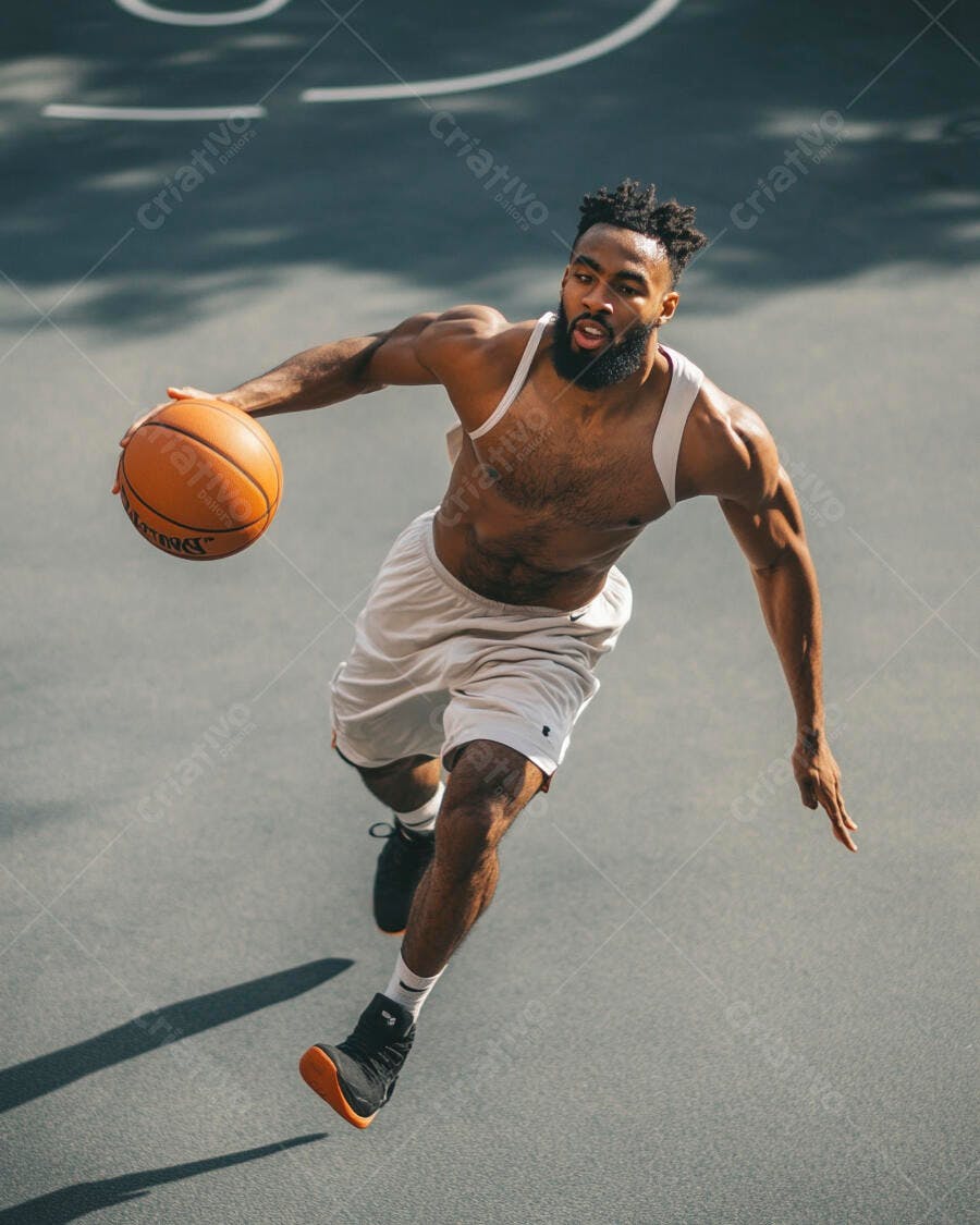 Homem negro atlético driblando bola de basquete em quadra exterior