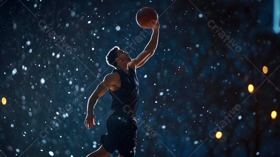 Jogador de basquete atlético saltando na quadra noturna com luz dramática e chuva