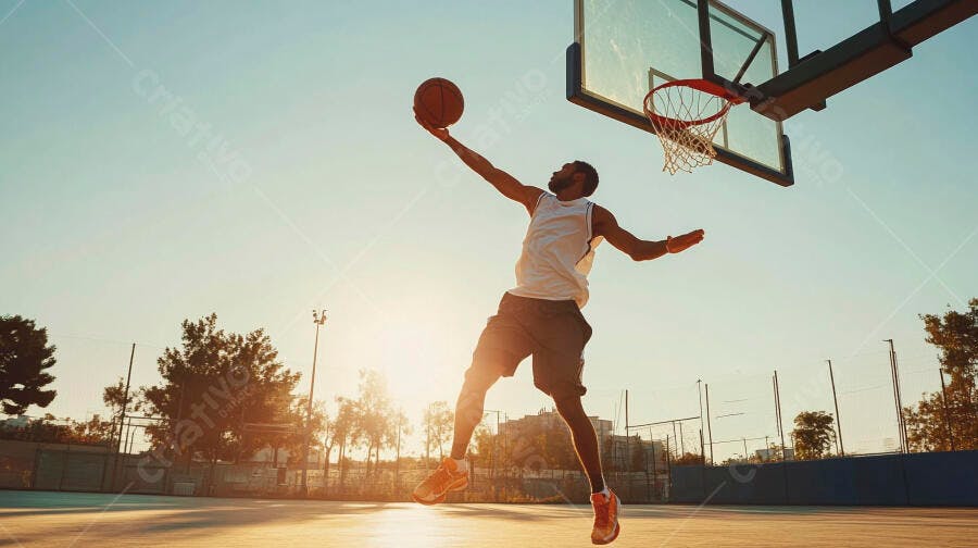 Homem negro atlético de camisa branca saltando com bola de basquete em quadra externa ao pôr do sol