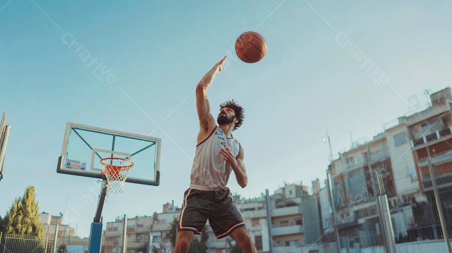 Homem barbudo atlético arremessando basquete em quadra urbana sob céu azul