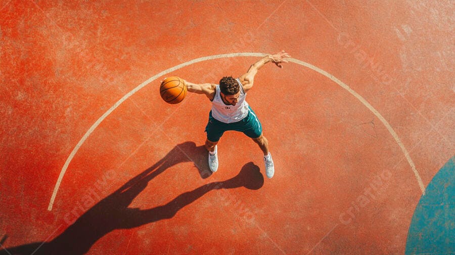 Jogador de basquete atlético driblando em quadra laranja sob sol forte