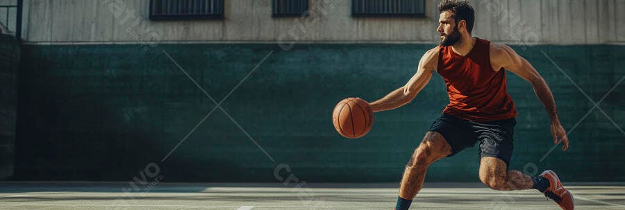 Homem atlético driblando basquete em quadra urbana com regata vermelha