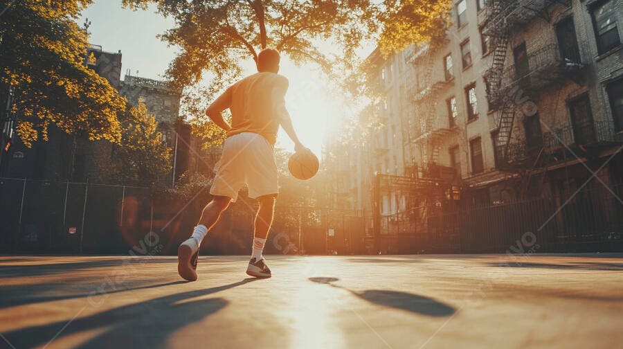 Homem jovem driblando basquete em quadra urbana com sol dourado ao entardecer
