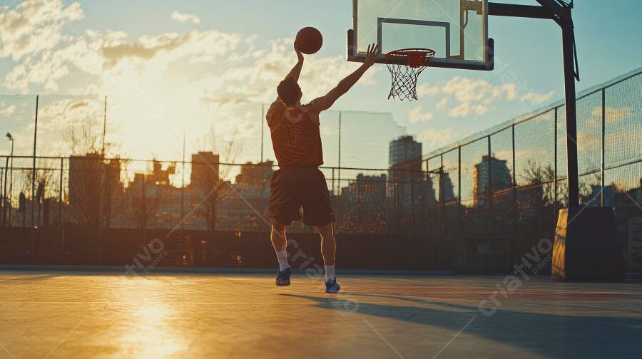 Homem atlético arremessando bola de basquete em quadra ao pôr do sol