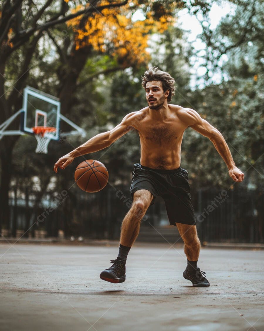 Homem atlético sem camisa driblando basquete em quadra externa com árvores outonais