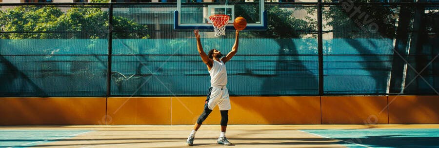 Homem negro atleta jogando basquete em quadra ensolarada ao ar livre