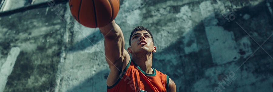 Jovem jogador de basquete arremessando bola laranja em quadra urbana cinza