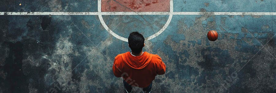 Homem de moletom laranja em quadra de basquete desgastada com bola
