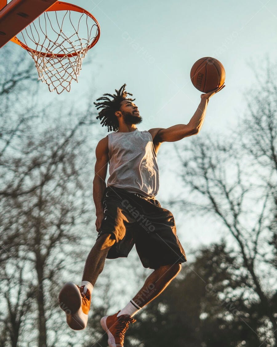 Jovem atleta negro saltando com bola de basquete no parque ao entardecer