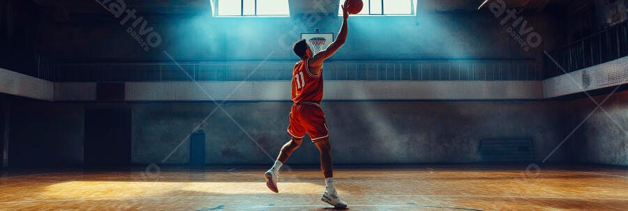Jogador de basquete homem de uniforme vermelho arremessando em quadra de madeira