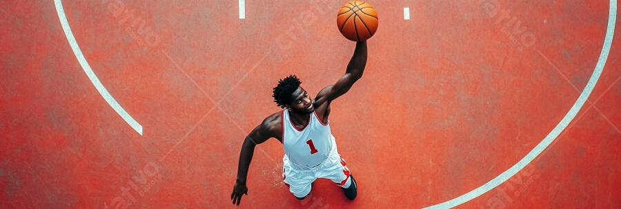 Jovem jogador afro-americano de basquete pulando na quadra vermelha