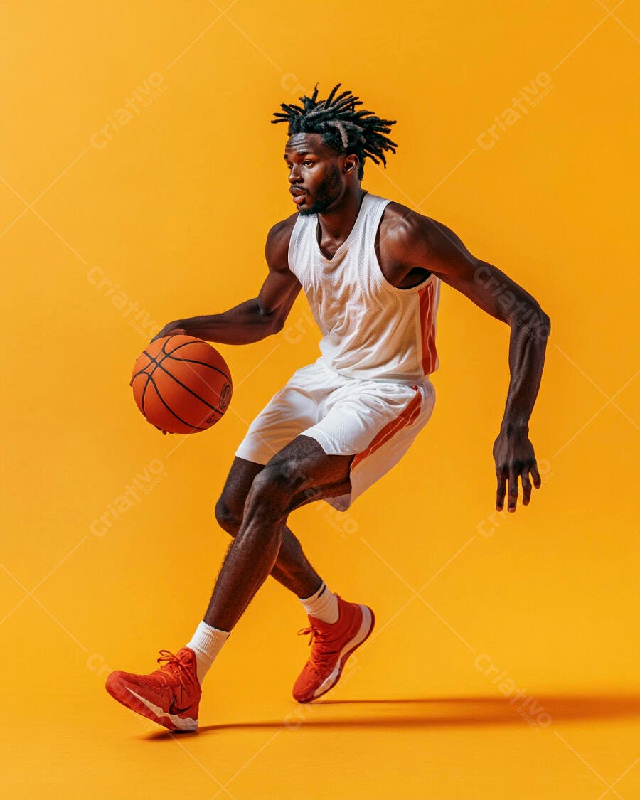 Jogador de basquete negro driblando bola com uniforme branco e vermelho em fundo amarelo vibrante