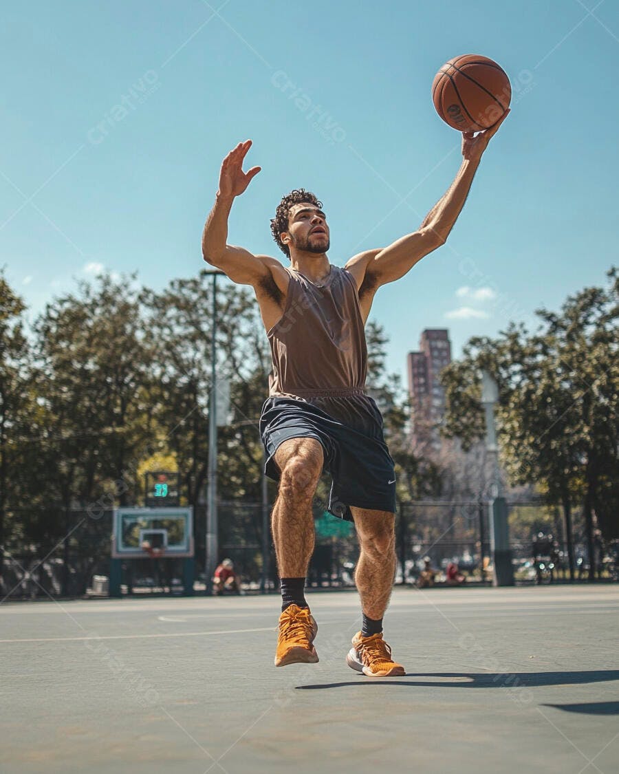 Homem jovem de etnia mista jogando basquete em quadra ensolarada ao ar livre