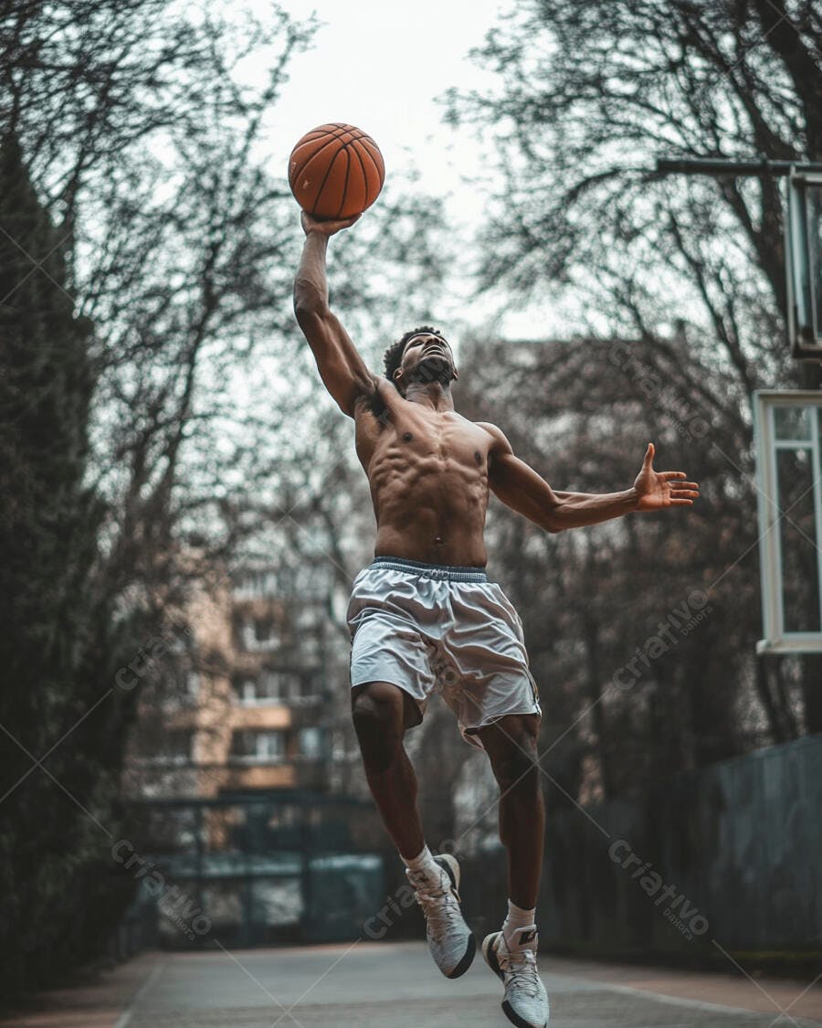 Atleta negro sem camisa saltando com basquete em quadra externa com árvores secas