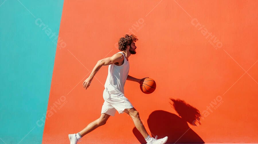 Homem caucasiano jovem driblando bola de basquete contra parede colorida azul laranja