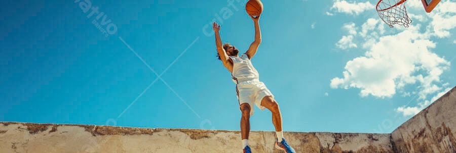Homem branco atleta saltando com bola de basquete sob céu azul vibrante